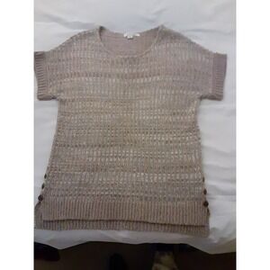 Simply Noelle Striped Tan/gray Med Weight High Low Tunic Sweater w/Button Detail